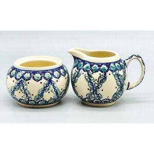 Boleslawiec Creamer and Sugar Bowl Set Mediterranean Wave Polish Pottery